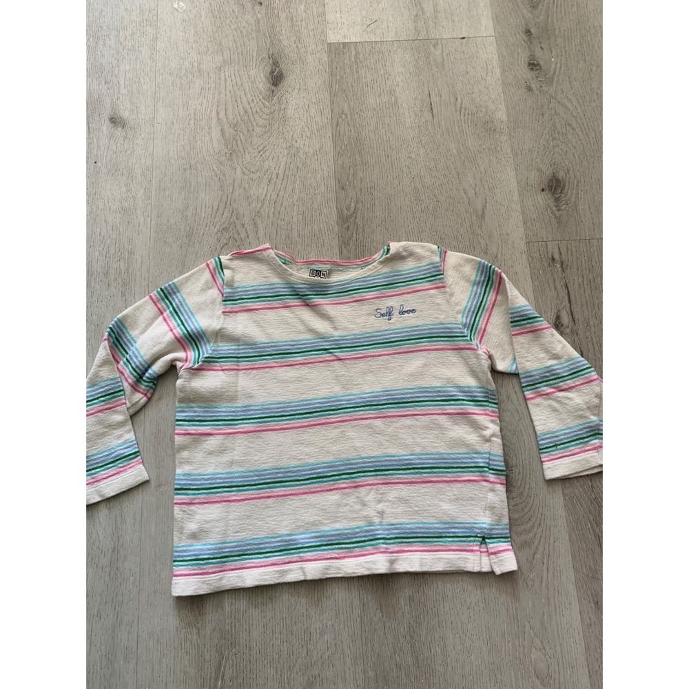 Bonton Paris Kids Striped Long Sleeve Tee Self Love Embroidery Cream Size 4